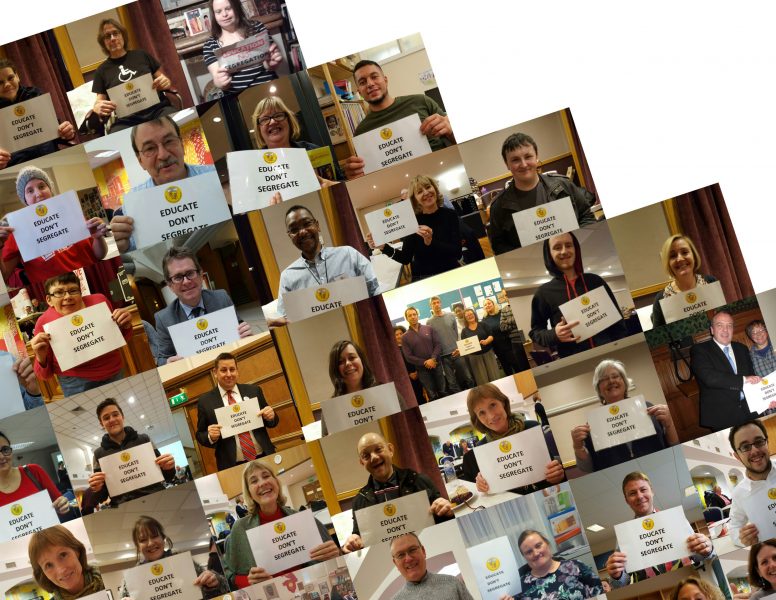 Cover of Inclusion Now 46 featuring collage of supporters holding up signs saying "educate don't segregate".