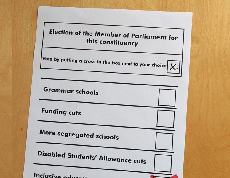 Cover of Inclusion Now 47: general election special showing a fictitious ballot paper offering the choices of grammar schools, funding cuts, more segregated schools, Disabled Students' Allowance cuts and inclusive education. Inclusive education has a cross against it.