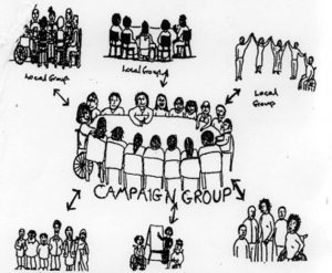 graphic showing local campaign groups connected to a central group