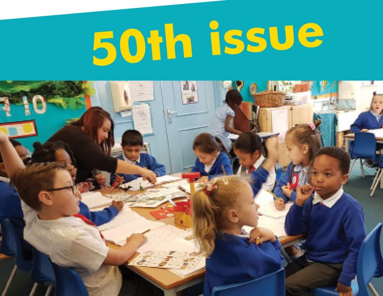Inclusion Now 50 cover. Classroom scene with the words 50th issue superimposed