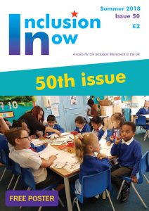 Inclusion Now cover with the words 50th issue and free poster. Picture of children in a classroom