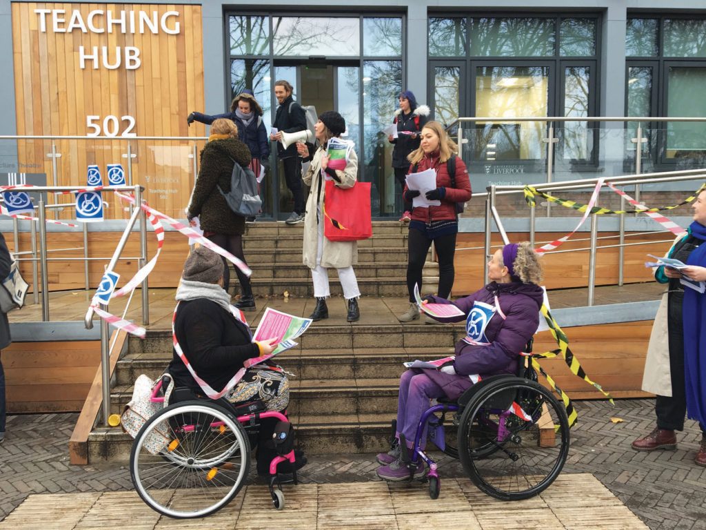 Protestors at Liverpool University with inaccessible entrances taped off