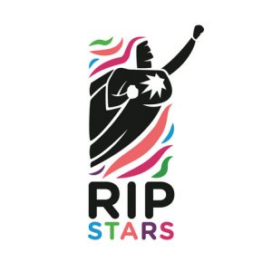 ripstars logo of a caped superhero punching the air