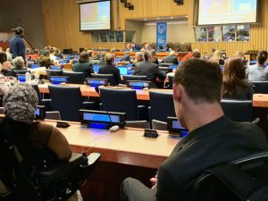 Michelle Daley and ALLFIE trustee Anthony Ford-Shubrook from behind, seated at the conference. Rows of desks and seats are in front of them.