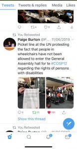 Tweet from Paige Burton: "Picket line at the UN protesting the fact that people in wheelchairs have not been allowed to enter the General Assembly hall for te #COSP12 regarding the rights of persons with disabilities"
