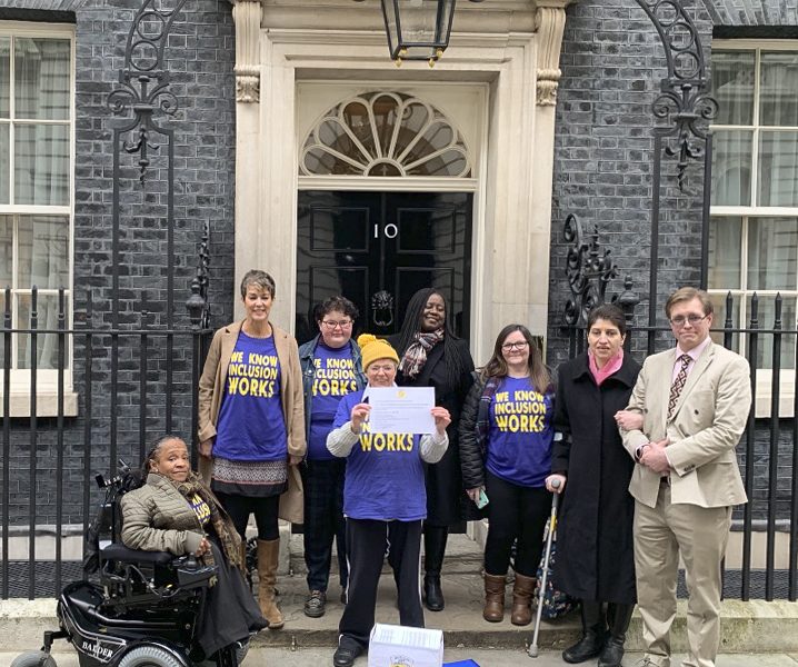 ALLFIE delegation at 10 Downing Street: Michelle Daley, Lucy Bartley, Martine Harding, Simone Aspis, Marsha Cordova MP, Hilra Vinha, Armineh Soorenian