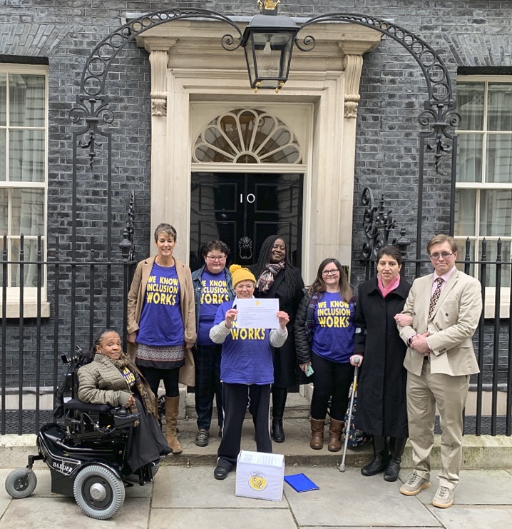 ALLFIE delegation at 10 Downing Street: Michelle Daley, Lucy Bartley, Martine Harding, Simone Aspis, Marsha Cordova MP, Hilra Vinha, Armineh Soorenian
