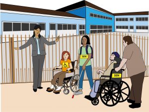 Graphic illustrating Disabled pupils being stopped from entering mainstream school