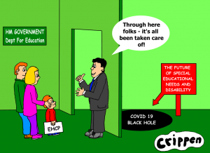 David Crippen cartoon: COVID-19 and Inclusive Education : the black hole behind the door at the Department for Education