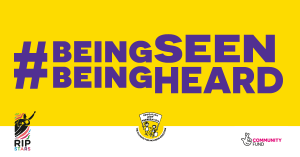 Graphic banner with text: #beingseenbeingheard alongside RIPSTARS; ALLFIE and National Lottery Community Fund logo. Purple text on yellow background