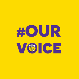Decorative graphic image with the hashtag #OurVoice in purple text on and yellow background with the ALLFIE log' and a link to project webpage at url: https://pedantic-shannon.91-238-163-161.plesk.page/about-us/who-we-work-with/our-voice-project/