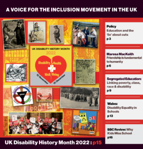 UK Disability History Month 2022 Poster: A red heart on a yellow and grey background. The heart is broken. Lettering on the heart says 'Disability, Health and Well Being'. At the top in black letters: 'UK Disability History Month'. Beneath: ‘2022’ in red numbers on a yellow background, and beneath the heart on either side, ‘16th November' and '16th December'