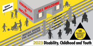 Graphic for Disability History Month 2023 with the text: Value Difference, Equality and Inclusion, All welcome