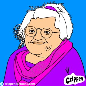 Description of cartoon for those using screen reading software – A caricature of Micheline Mason from the waist up shows her smiling with a purple band holding back her white hair. A pink scalf over a purple top completes her dress.