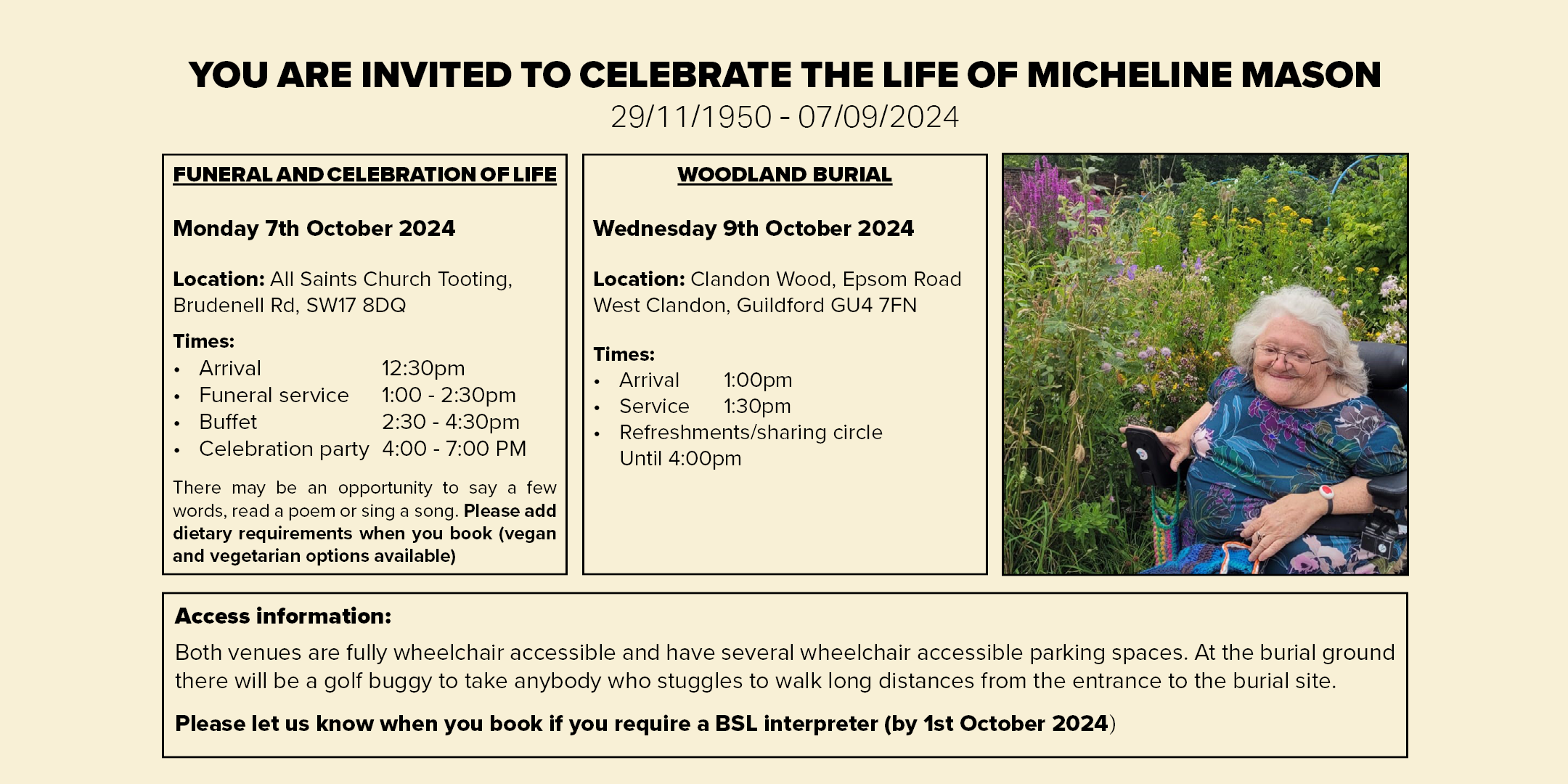 You are invited to celebrate the life of Micheline Mason - there are two events, details and booking below. There is an image of Micheline, smiling, in a garden filled with plants and flowers