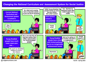 Crippen Cartoon IN71 | Alt Text one person giving a presentation to a crowd: Image 1 - There is a blue slideshow presentation on the left with a presenter sat in a wheelchair on the right. Below them are a crowd of people. Slideshow: Current National Curriculum and Assesment System is rooted in exclusionary practices. Presenter 1: So, what we’re saying here is that this system is just not fit for purpose! Crowd: Hear Hear! Image 2 – Image pans to the right to show presenter 2 holding papers labelled ‘OFSTED AND LEAGUE TABLES’ stood next to presenter 1. The slideshow gets cut off. Presenter 1: With Young Disabled people facing so many barriers within the unfair system. Presenter 2: Yes – Barriers to National exams like GCSE English and maths. Crowd: Totally unfair. Image 3 – Image pans back to the left focussing on Presenter 1, the slideshow and the crowd. Slideshow: Young Disabled people have much lower exam pass rate ... Presenter 1: It’s a one size fits all tick box system that stifles opportunities for Young Disabled people! Crowd: We want our disabled children to have a fair chance. Image 4 – Image now shows Presenter 1, presenter 2, the slideshow and the crowd. Slideshow: Young Disabled people leave school with limited pathways due to no recognisable achievement record. Presenter 1: And as for going on to further education or employment... Presenter 2: Forget about it! Crowd: Shameful!